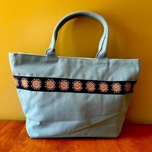 Blue cotton  tote bag with decorative band. Fully lined. Sturdy handles
